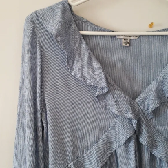 American Eagle Outfitters Deep V Blue & White Stripe Ruffle Top XS - Picture 3 of 12